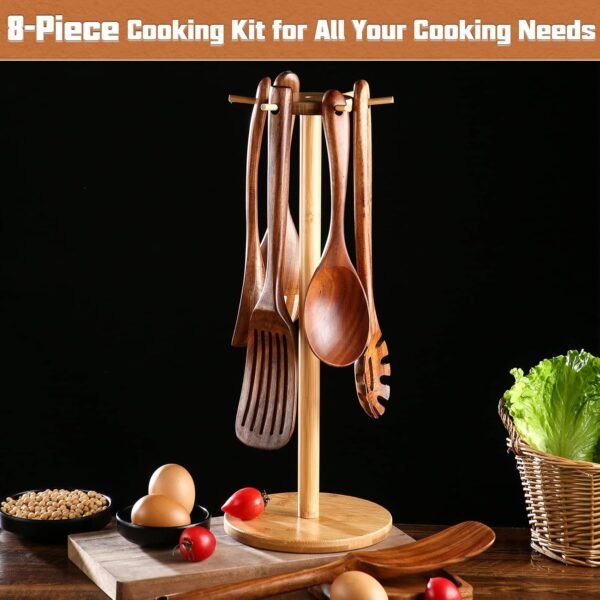 NAYAHOSE Wooden Spoons for Cooking, 8 Pcs Wooden Cooking Utensils Set for Kitchen, Natural Teak Wood Non-Stick Cooking Spoons with Bamboo Holder, Kitchen Hanging Organizer Set - Image 6