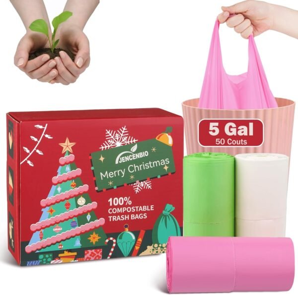 5 Gallon Compostable Handle Trash Bags Compost Food Scrap Waste Bags with US BPI ASTM D6400 and Europe OK Compost Home Certified 50 Couts