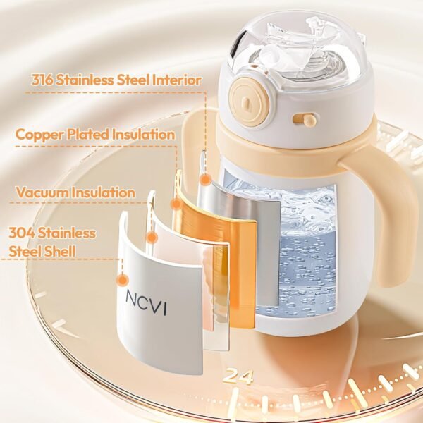 NCVI Kids Stainless Steel Straw Cup for Toddlers 1-3 Years Old, Training Tumbler with Straw Spill Proof with Handle, Insulated Bottle to Keep Cold Warm for Water/Milk/Drink, Yellow 10floz - Image 2