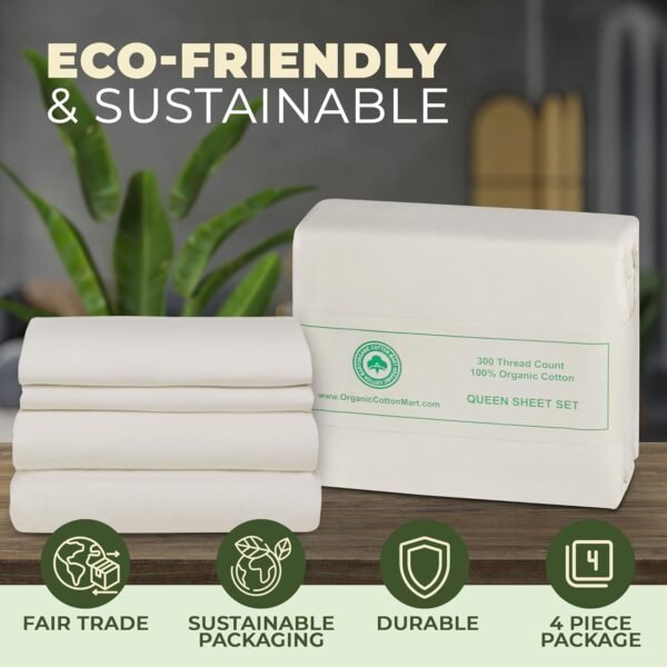 100% Organic Cotton Sheets Set - GOTS Certified, 300 Thread Count, Deep Pocket Sateen Sheet Set - Hypoallergenic, All-Season, Breathable, Soft Sheet Set (Queen - Cream) - Image 5