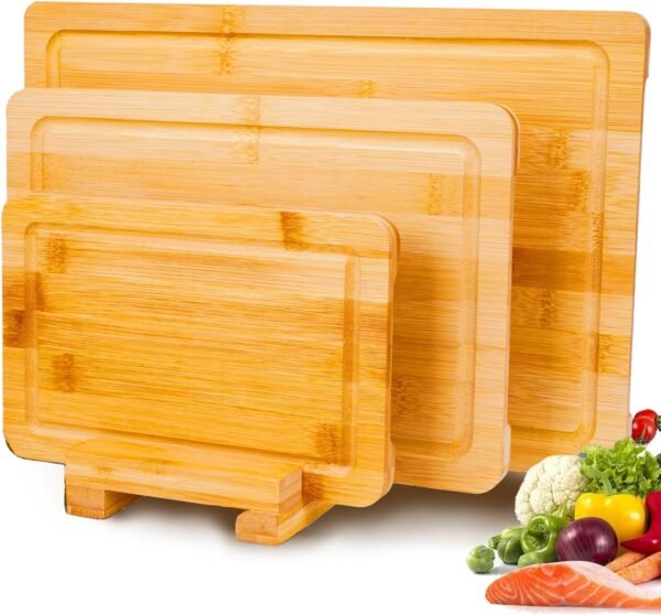 Cutting Boards for Kitchen,Wood Cutting Board Set of 3,Thick Wooden Chopping Board with Holder,Bamboo Cutting Boards Dishwasher Safe, Butcher Block Cutting Board for Meat