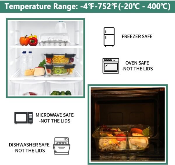 HOMBERKING 8 Pack Glass Meal Prep Containers 3 Compartment, 36oz Glass Food Storage Containers with Lids, Airtight Glass Lunch Bento Boxes, BPA-Free & Leak Proof (8 lids & 8 Containers) - Black - Image 4