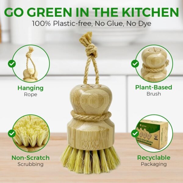 Bamboo Dish Brush Set of 3, 100% Plant-Based Kitchen Dish Brush Bamboo with Sisal and Coconut Bristles, 2 Brush Types, No Scratch Wood Sish Scrub Brush for Dishes, Quick-Drying, Odor Free - Image 5