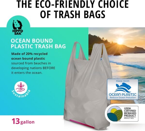 Hippo Sak - Tall Kitchen Garbage Bags with Ergonomic Handles - 13 Gallon Trash Bags Made from Recycled Ocean Bound Plastic - Super Strong and Leak Proof Tall Kitchen Trash Bags (45 Count) - Image 2