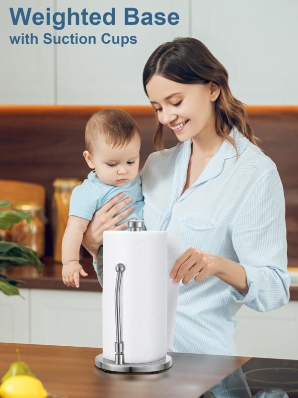 SMARTAKE Paper Towel Holder, Paper Towel Dispenser Standing Weighted Base Non Slip, Spring Arm for Easy Tear, Stainless Steel Paper Towel Holder for Home Kitchen Countertop Tabletop, Silver - Image 8