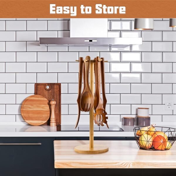 NAYAHOSE Wooden Spoons for Cooking, 8 Pcs Wooden Cooking Utensils Set for Kitchen, Natural Teak Wood Non-Stick Cooking Spoons with Bamboo Holder, Kitchen Hanging Organizer Set - Image 5