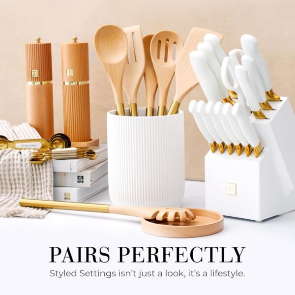 Wooden Utensil Set with Gold Stainless Steel Handles - 6 Piece Wooden Cooking Utensils for Nonstick Cookware - Stylish Wood and Gold Cooking Utensils for Modern Kitchens - Great for Gifting - Image 6