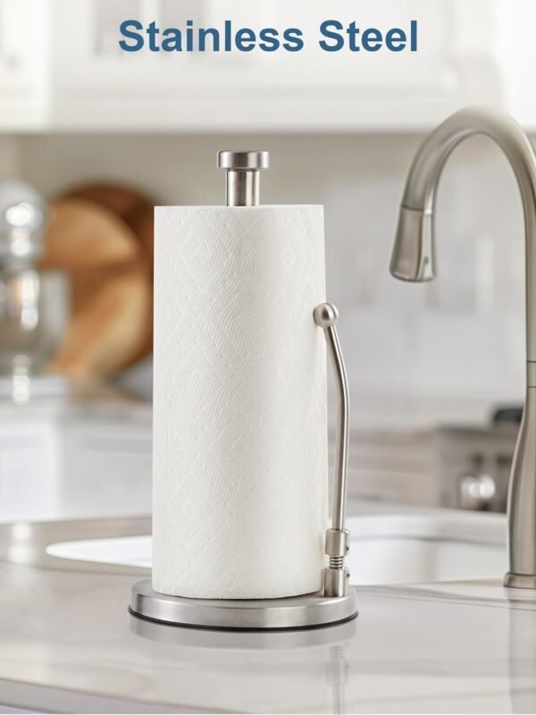 SMARTAKE Paper Towel Holder, Paper Towel Dispenser Standing Weighted Base Non Slip, Spring Arm for Easy Tear, Stainless Steel Paper Towel Holder for Home Kitchen Countertop Tabletop, Silver - Image 9