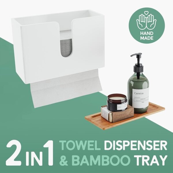 Bamboo Paper Towel Dispenser with Removable Top Tray for Bathroom and Kitchen - Wall Mount and Countertop Multifold Paper Towel, C-Fold, Zfold, Tri fold Hand Towel Holder Commercial (White) - Image 2