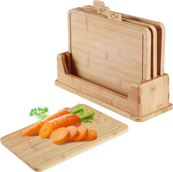 4 Pcs Bamboo Cutting Board Set, Wood Cutting Board Set with Holder, Chopping Boards Set with Food Icons Ideal for Meat Fish Bread Vegetable Fruit Chopping