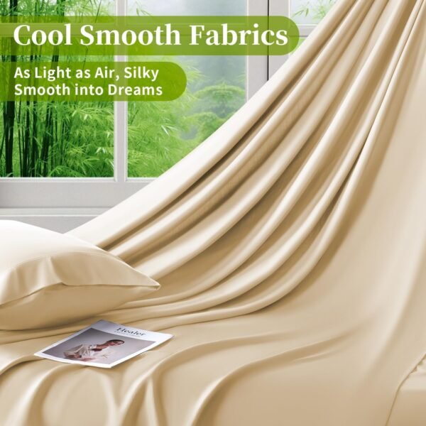 Shilucheng 100% Viscose Derived from Bamboo_ Sheets King Size 4pcs - Ultra Cooling & Silky Soft Bed Sheets, 16" Deep Pocket, Perfect for Hot Sleepers, Hotel Bedding Sheets (Beige) - Image 6