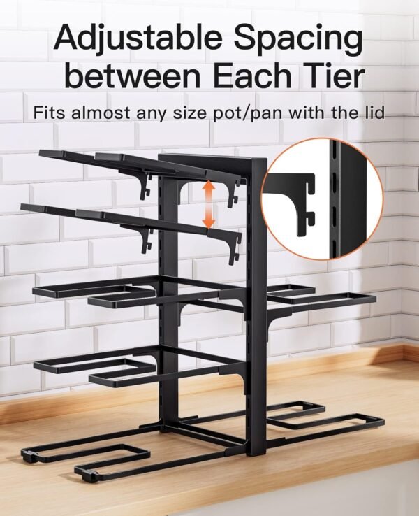 ORDORA Pots and Pans Organizer: Rack for Cabinet, 8-Tier Heavy Duty 120LBS Pots Pans Organizer Rack under Cabinet Adjustable for Dutch Ovens, Cast-iron Pans, Heavy Skillets Griddles, Shallow Pots - Image 5