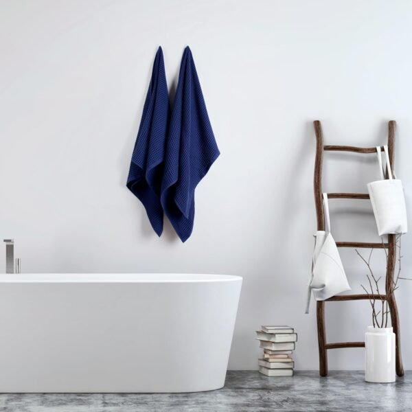 Püskül Waffle Weave Bath Towels, Organic 100% Turkish Cotton, 32X63 Inches 2-Pack (Navy Blue) - Image 3