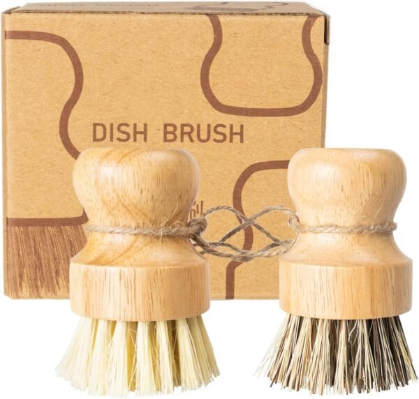 2 Pack Round Wooden Dish Brush, Natural Fiber Scrub Brush Set, Durable Scrubber Cleaning Tools for Cleaning Vegetables, Pots and Pans