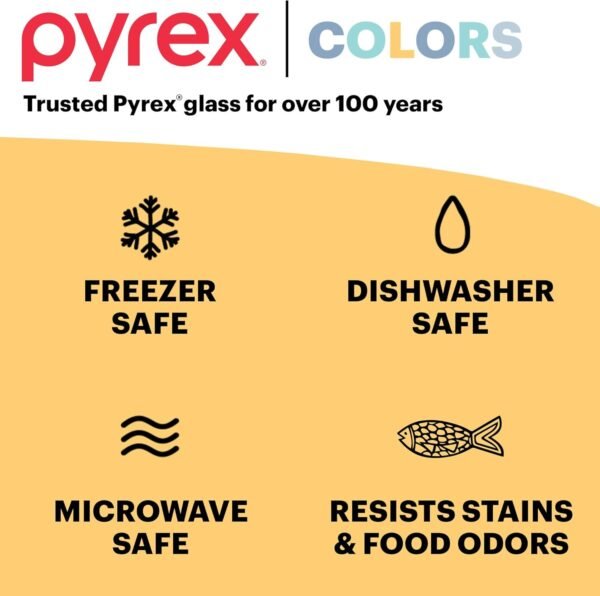 Pyrex Colors (6-Pack, Full Set) Tinted Glass Food Storage Container Set, Snug Fit Non-Toxic Plastic BPA-Free Lids, Freezer Dishwasher Microwave Safe, 3 Cup, 6 Cup & 11 - Image 6