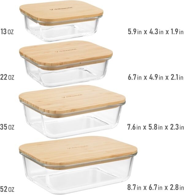 Glass Food Storage Containers With Bamboo Lids - Glass Meal Prep Containers - Set of 4 Airtight Stackable Food Storage Kitchen Containers - Eco-Friendly Oven Safe Nesting Lunch Containers - Image 2