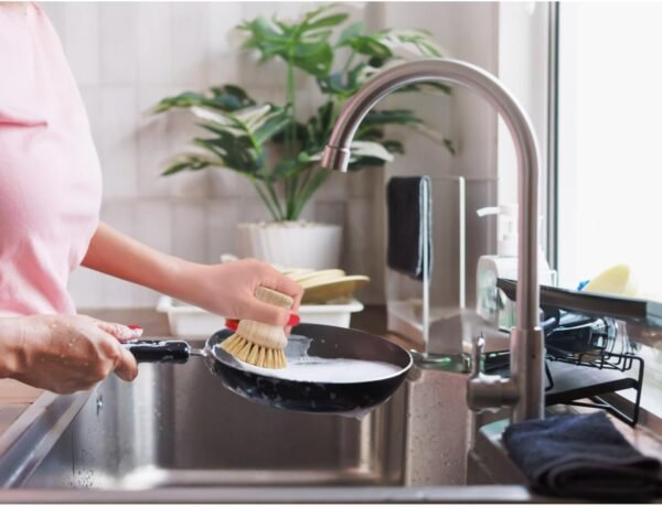 HIC Kitchen Natural Bristle Dish Pan Scrub Brush, Non-Scratch Natural Tampico Bristles with Wooden Handle - Image 2