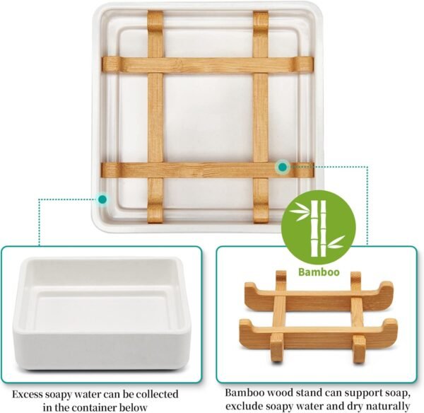 Wooden Bamboo Square Soap Dishes for Bar Soap Holder for Shower with Drain for Bathroom Small Soap Dish Detachable（Single Pack Right Angle White） - Image 3