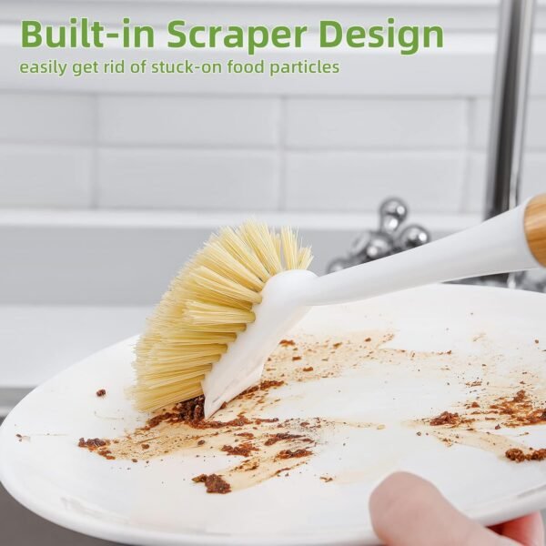 Dish Brush with Bamboo Handle Built-in Scraper, Kitchen Dish Scrubber for Washing Pans/Pots/Sinks, Natural Sisal Bristles, 2P - Image 5
