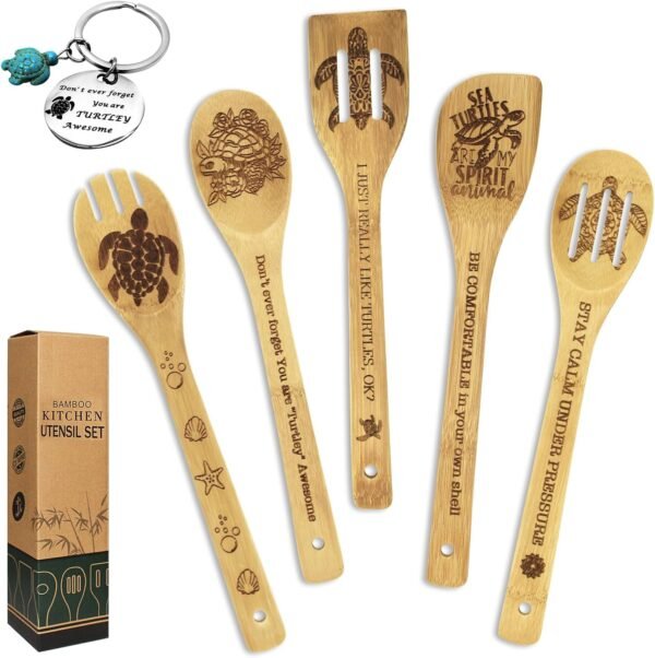 Sea Turtle Gifts for Women 6PCS Unique Sea Turtle Print Bamboo Spoons Gifts Set with Sea Turtle Keychain Sea Turtle Decor Kitchen Gifts for Women Mom