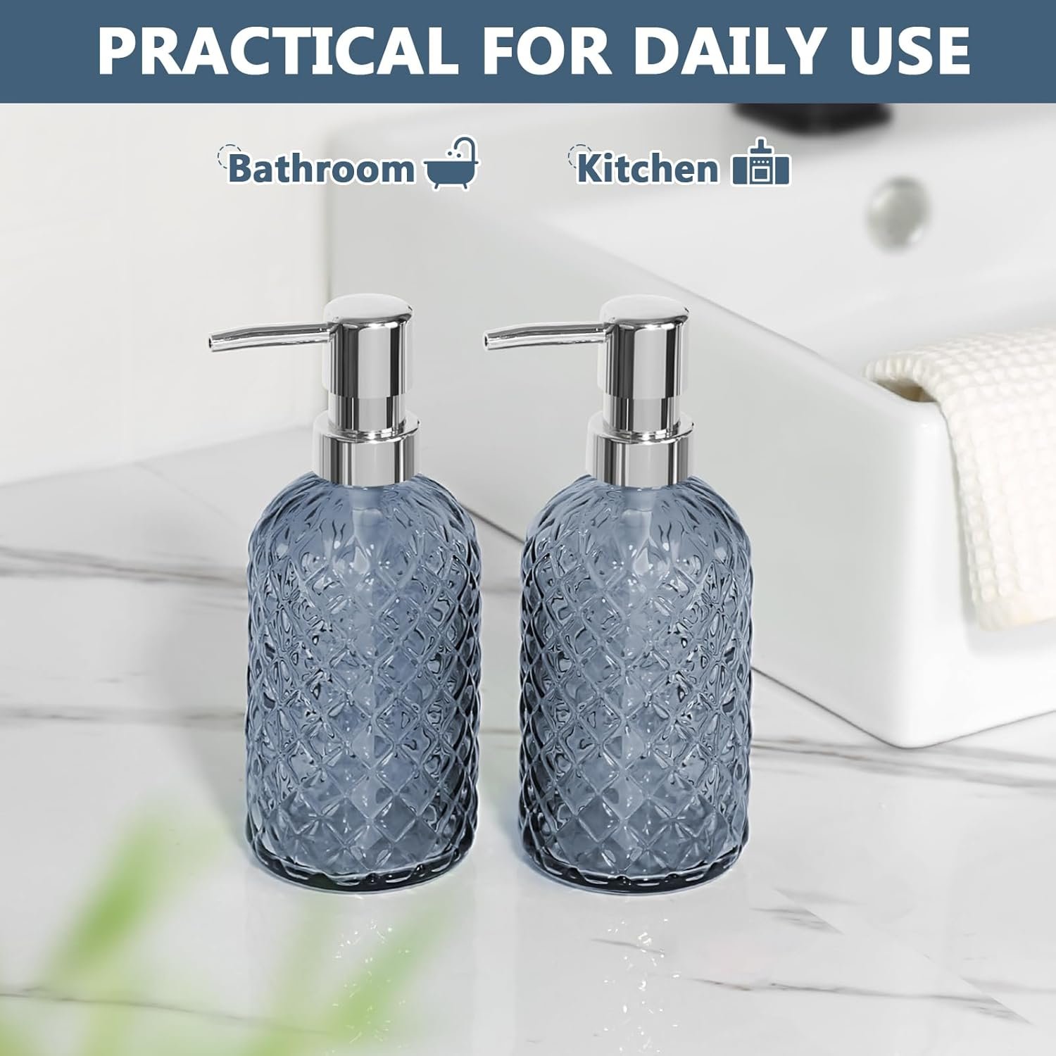 Hand Soap Dispenser, Bathroom Glass Soap Dispenser, 16 Oz Blue Dish Soap Dispenser for Kitchen with Sliver Plastic Pump, Refillable Liquid Lotion Bottle Container, Modern Bathroom Accessories - Image 5