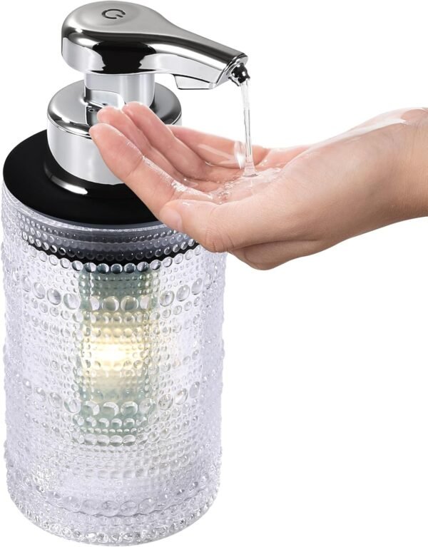 Automatic Glass Soap Dispenser, Touchless Liquid Hand Soap Dispenser, Rechargeable Dish Soap Dispenser with Night Light Function, Relief Glass Design for Kitchen, Bathroom, Hotel, 9oz/270ml
