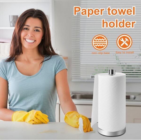 Stainless Steel Paper Towel Holder Designed for Easy One-Handed Operation - This Sturdy Weighted Paper Towel Dispenser Countertop Model Has Suction Cups and Holds All Paper Towel Rolls - Image 2