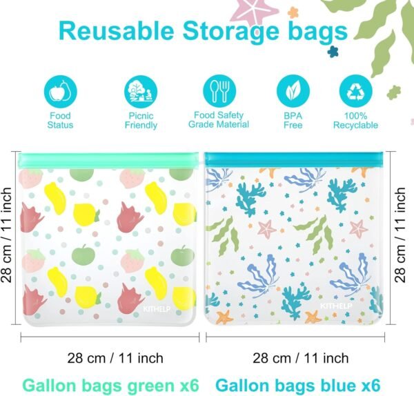 Reusable Freezer Gallon bags 12 PACK Extra Large Reusable Freezer Bags BPA Free Leakproof Plastic Bags Reusable Food Storage Bags Silicone Kids Snack Bags Reusable Ziplock Bags for Meal Prep, Travel - Image 2