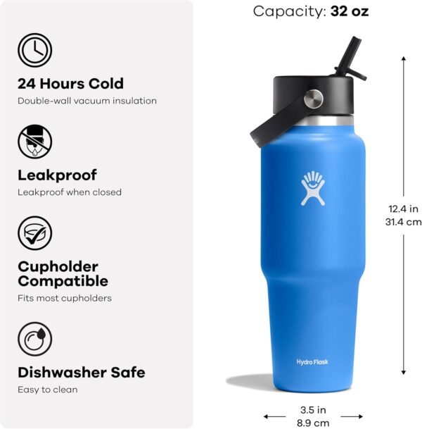 HYDRO FLASK Wide Mouth vacuum insulated stainless steel cupholder water bottle with leakproof straw cap for cup holder, cold water drinks, sports, car - Image 2