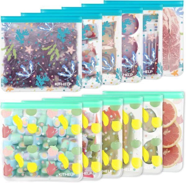 Reusable Freezer Gallon bags 12 PACK Extra Large Reusable Freezer Bags BPA Free Leakproof Plastic Bags Reusable Food Storage Bags Silicone Kids Snack Bags Reusable Ziplock Bags for Meal Prep, Travel