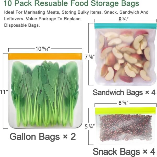 Reusable Food Storage Bags - 10pack BPA FREE Ziplock/Freezer Bags(2 Reusable Gallon Bags & 4 Sandwich Bags & 4 Snack Bags) EXTRA THICK Leakproof Silicone Lunch Bag for Food Meat Fruit Veggies - Image 2