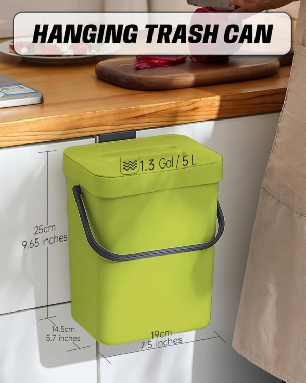 Compost Bin for Kitchen Countertop 5L/1.3 Gal Hanging Small Trash Can with Lid, Kichen Under Sink Trash Can, Wall Mount Indoor Compost Bucket with Lid(Lime Green) - Image 2
