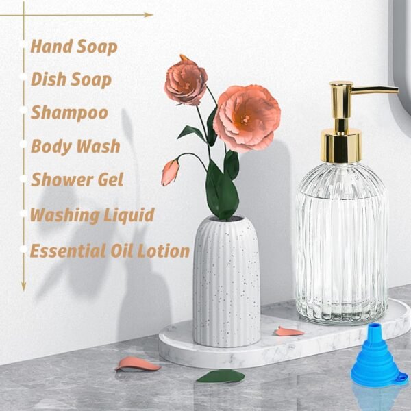 14 Oz Stripe Clear Glass Soap Dispenser with Gold Plastic Pump, Stripe Design Refillable Liquid Hand Lotion Dispenser, Contains Hand Soap and Dish Soap Dispenser, for Kitchen and Bathroom - Image 6