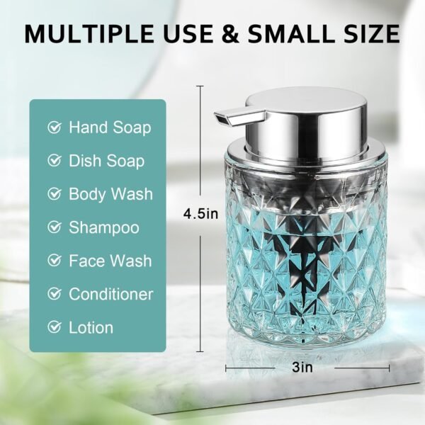 Foaming Soap Dispenser, Clear Glass Foam Hand Soap Dispenser for Bathroom, Refillable 10 Oz Foamy Pump Bottle with Plastic Sliver Pump, Modern Diamond Dish Soap Foam Dispenser Container - Image 2