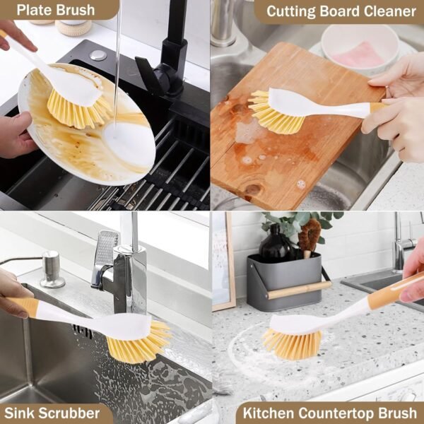 Dish Brush with Detachable Small Steel Wire Brush and Pan Scraper, Home Kitchen Scrub Brushes with Long Handle for Household Cleaning Dishes, Pots, Stovetop, Grill, Sink Scrubber (2-Pack) - Image 3