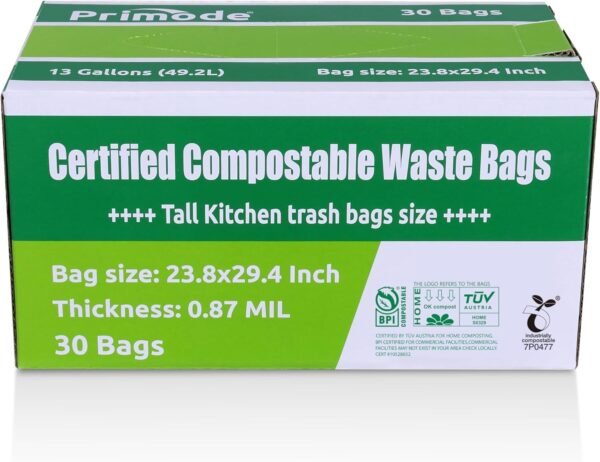 Primode Compostable Trash Bags 13 Gallon | 30 Count Tall Kitchen Compost Bags, Food Waste Bags, Certified Compost Bags, Certified by BPI and by TÜV AUSTRIA, Extra Thick 0.87 - Image 2