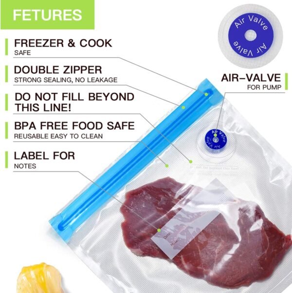 Sous Vide Bags - 20pack Reusable Vacuum Zipper Bags for Sous Vide Cooking, 3 Sizes food Storage Bags with 2 Sealing Clipsfor Anova and joule Cookers - Image 3
