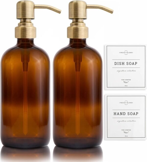 Vine Creations Amber Glass Soap Dispenser, 2 Pack Kitchen Soap Dispenser Set with Stainless Steel Pump, 16 oz Hand Soap Dispenser Bathroom, Dish Soap Dispenser for Kitchen with Waterproof Labels