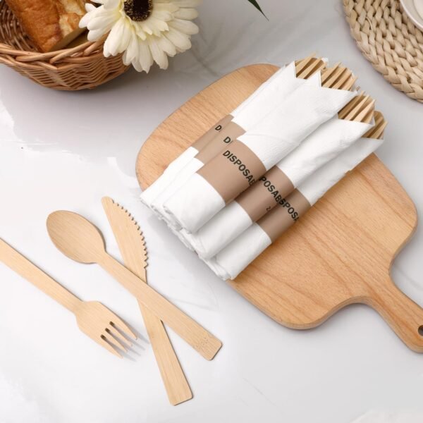 Bamboo Cultery Set with Pre Rolled Napkins- 50 Pack (6.7" 50 Forks 50 Spoons 50 Knives 50 Napkins) Compostable Fork Spoon Knife Set Individually Wrapped Disposable Flatware for Camping/Travel/Wedding - Image 6