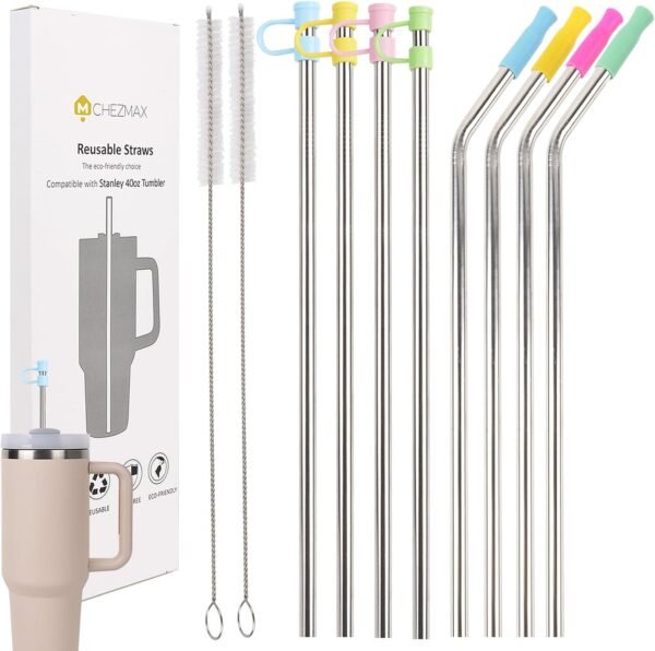 Reusable Replacement Straws for Stanley Cup 40 oz Tumbler, Extra Long Metal Drinking Straw for Stanley Cup Accessories, 8 Pack Stainless Steel Straw Set with Silicone Tips, Straw Covers, Brush, 12inch