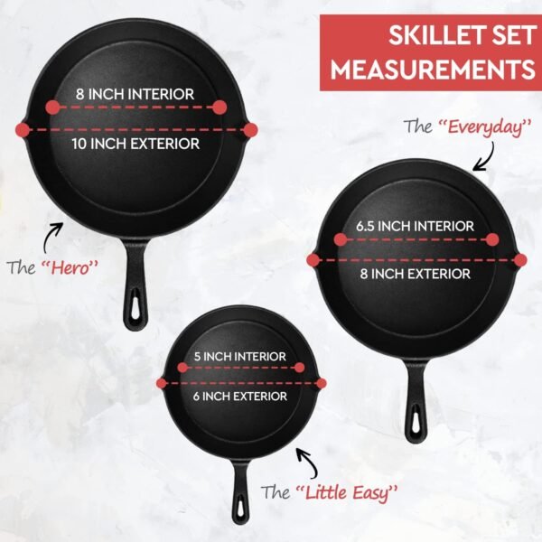 Cast Iron Skillet 3-Piece Set - Heavy-Duty Professional Restaurant Chef Quality Pre-Seasoned Pan Cookware Set - 10", 8", 6" Pans - For Frying, Saute, Cooking, Pizza & More,Black - Image 3