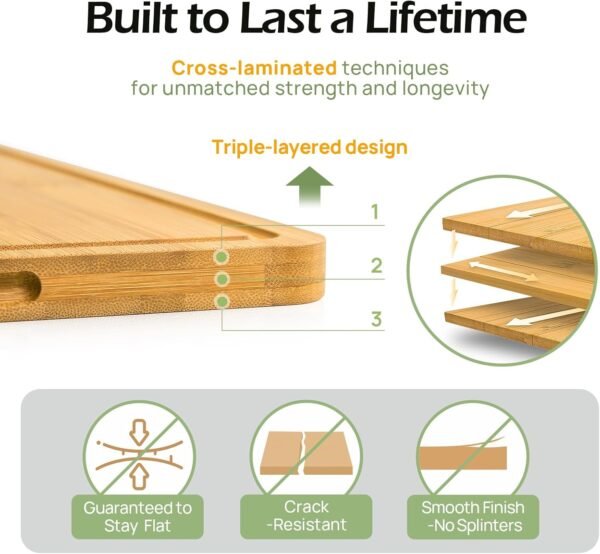 Medium Bamboo Cutting Board for Kitchen - 12 Inch Wood Cutting Boards with Juice Groove and Handles, Wooden Chopping Board for Meat, Cheese, Fruit & Vegetables (Pre Oiled, Natural) - Image 3