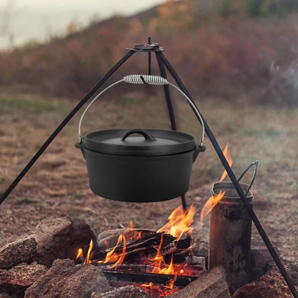 8 Piece Pre-Seasoned Dutch Oven Cooking Set Cast Iron Camping Kitchen Cookware Bakeware Skillets & Square Grill Pan w/Vintage Carrying Wood Box for Ourdoor Home BBQ Baking - Image 8