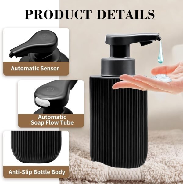 12 oz Automatic Touchless Glass Soap Dispenser, Rechargeable Hands Free Ribbed Liquid Soap Dispenser with Electric Sensor Pump,Black Refillable Auto Soap Bottle for Bathroom Kitchen Dish Countertop - Image 3