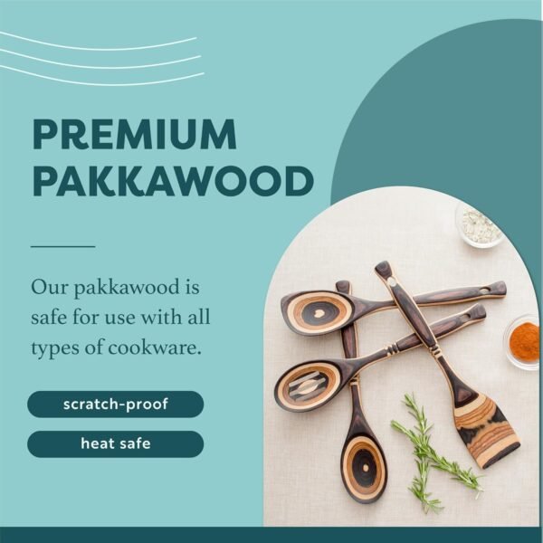 Pakka Wooden Spoons Set - Exotic Pakkawood Utensils for Serving & Cooking - Non-Stick Spoon, Slotted Spoon, Corner Spoon, and Spatula for All Cookware - Lightweight & Heat Resistant - Image 5