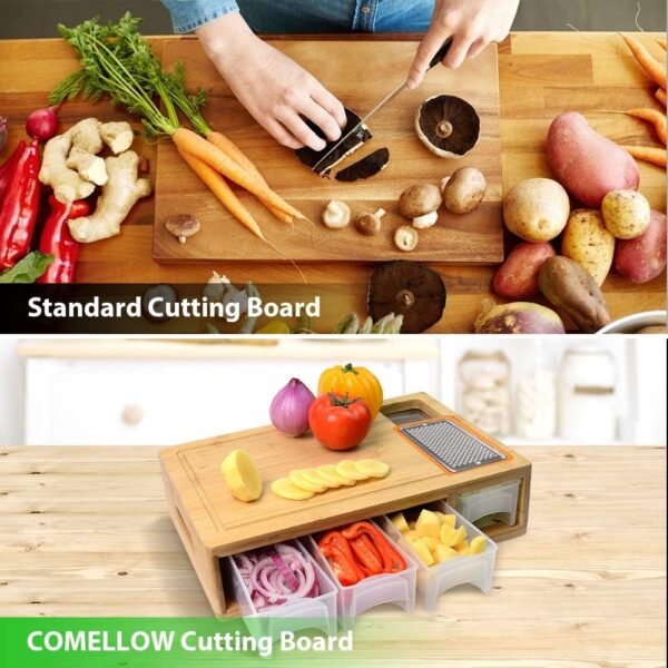 Bamboo Cutting Board with Containers, Lids, and Graters, Large Wood Cutting Board with Containers, Food Dropping Zone, Carving Board with Easy-grip Handle, Juice Groove - Image 5
