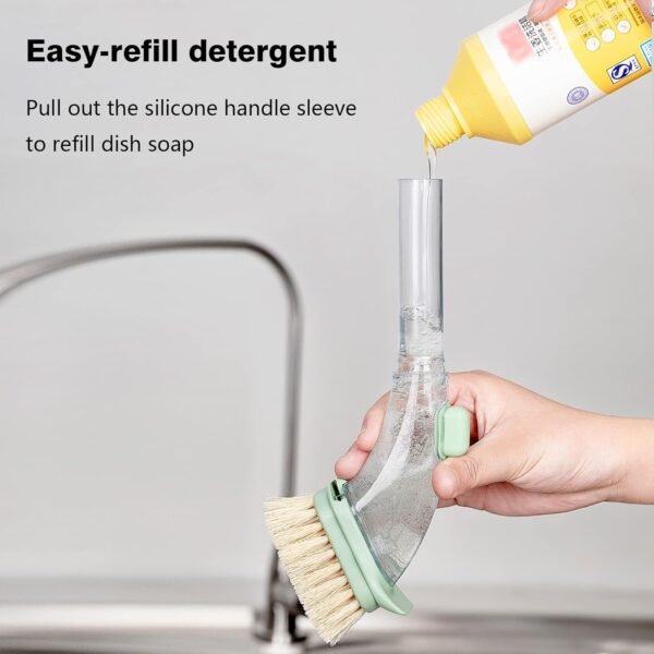 DAPOWER Dish Brush with Handle, Dish Scrubber with Soap Dispenser, Kitchen Scrub Brush for Dishes Pots Pans Sink Cleaning, 4 Replaceable Brush Heads (Green) - Image 5