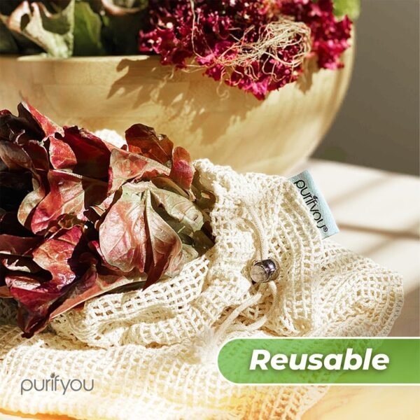 purifyou Premium Organic Cotton Storage Produce Bags - (Set of 9) 2x Extra Large, 5x Large, 2x Small Reusable Mesh Produce Bags, Raw & Unbleached, for Vegetable, Fruit, Food, Snack, Storage - Image 5