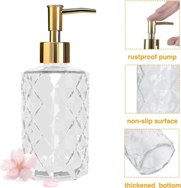 Clear Glass Soap Dispenser with Gold Pump, 2 Pack 12oz Diamond Hand Soap Dispenser, Refillable Lotion Dispenser & Dish Soap Dispenser, Bathroom Soap Dispenser for Liquid, Shower Gel - Image 3