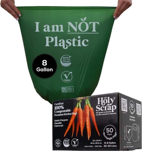 Medium Compostable Trash Bags - 6-8 Gallon, 50 Pack | Odorless, Plastic-Free & Decomposing Kitchen, Bathroom & Countertop Garbage Bags & Liners | Thick Bin Bags for Green & Food Waste